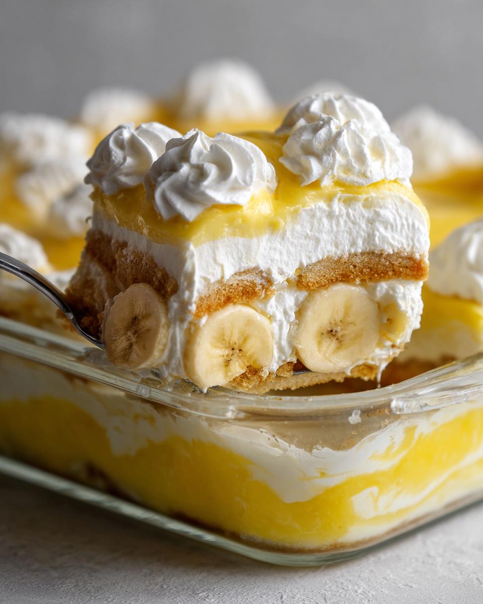 A spoonful of layered banana pudding being lifted from a glass dish, showing vanilla wafers, bananas, and whipped cream.