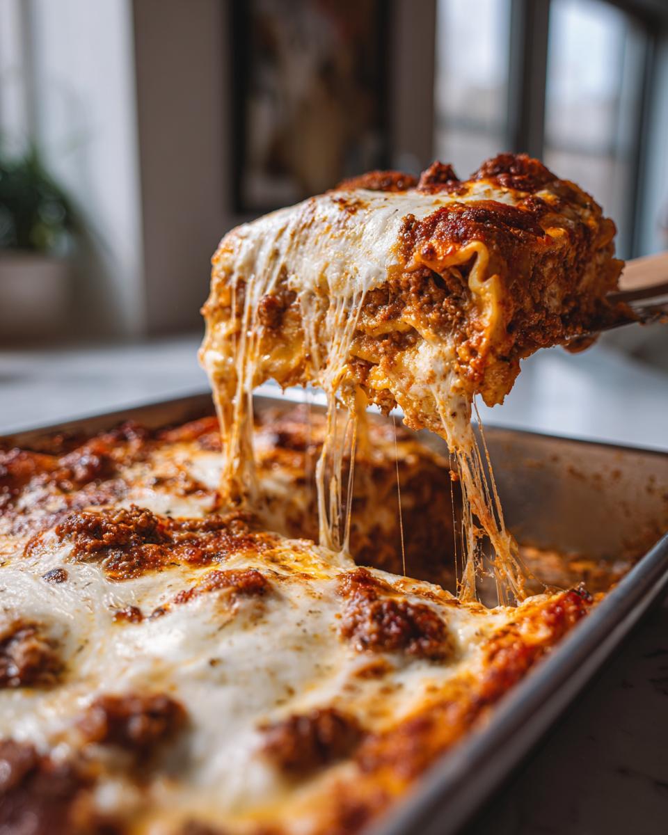 A serving of sheet pan lasagna is lifted, showing long, dramatic cheese pulls over the pan of baked pasta.