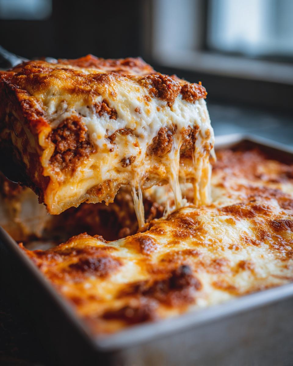 A spatula lifts a cheesy, saucy slice of sheet pan lasagna out of the baking dish.