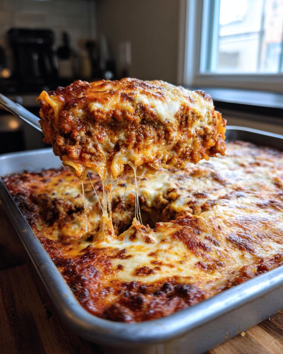 A spatula lifts a cheesy, saucy slice of sheet pan lasagna out of the baking pan, showing long cheese pulls.