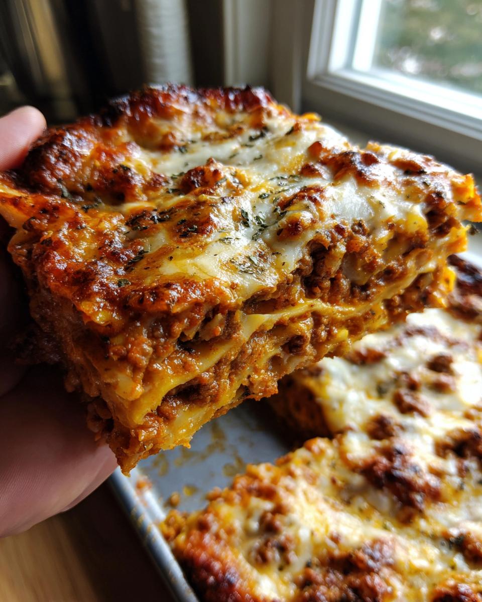 A hand holds up a thick, cheesy, and crispy slice of sheet pan lasagna showing layers of pasta and meat sauce.