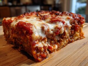 A thick, square slice of sheet pan lasagna with rich meat sauce and melted mozzarella cheese.