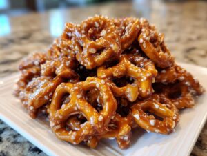A close-up shot of a pile of crunchy, glazed toffee pretzels coated in a shiny caramel mixture and sprinkled with salt.