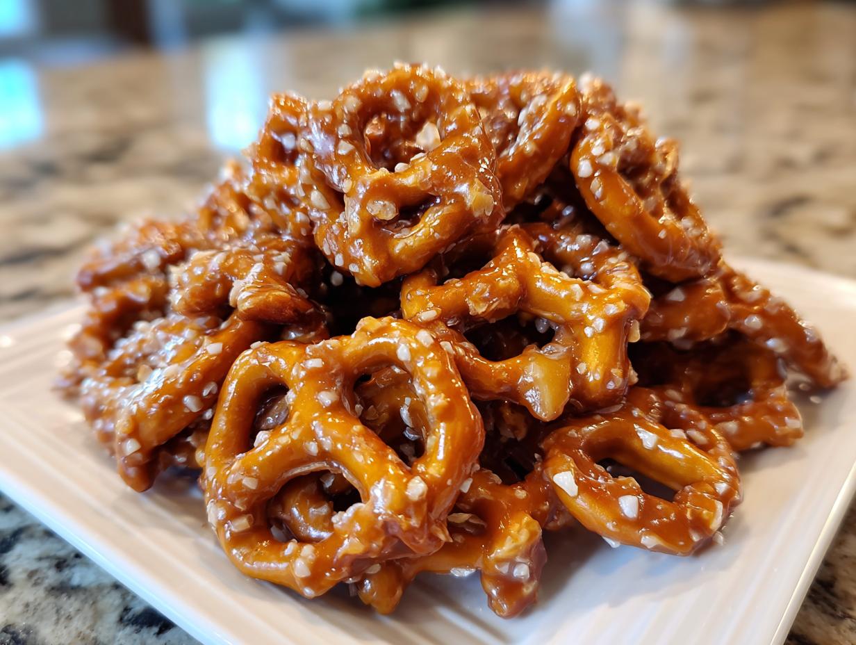 A close-up shot of a pile of crunchy, glazed toffee pretzels coated in a shiny caramel mixture and sprinkled with salt.