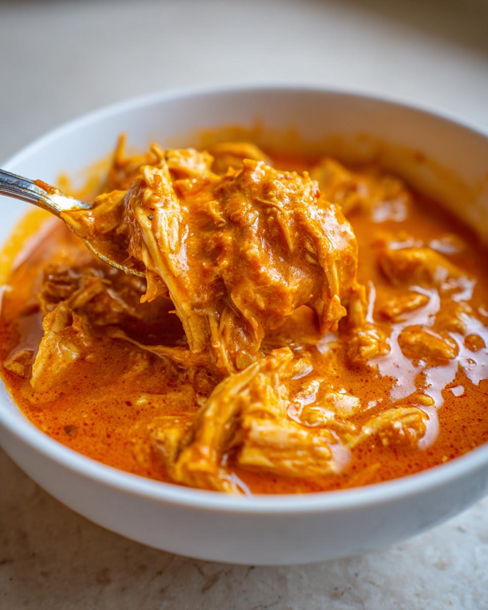 Close-up of shredded chicken coated in vibrant orange sauce being lifted from a white bowl of slow cooker buffalo chicken chili.