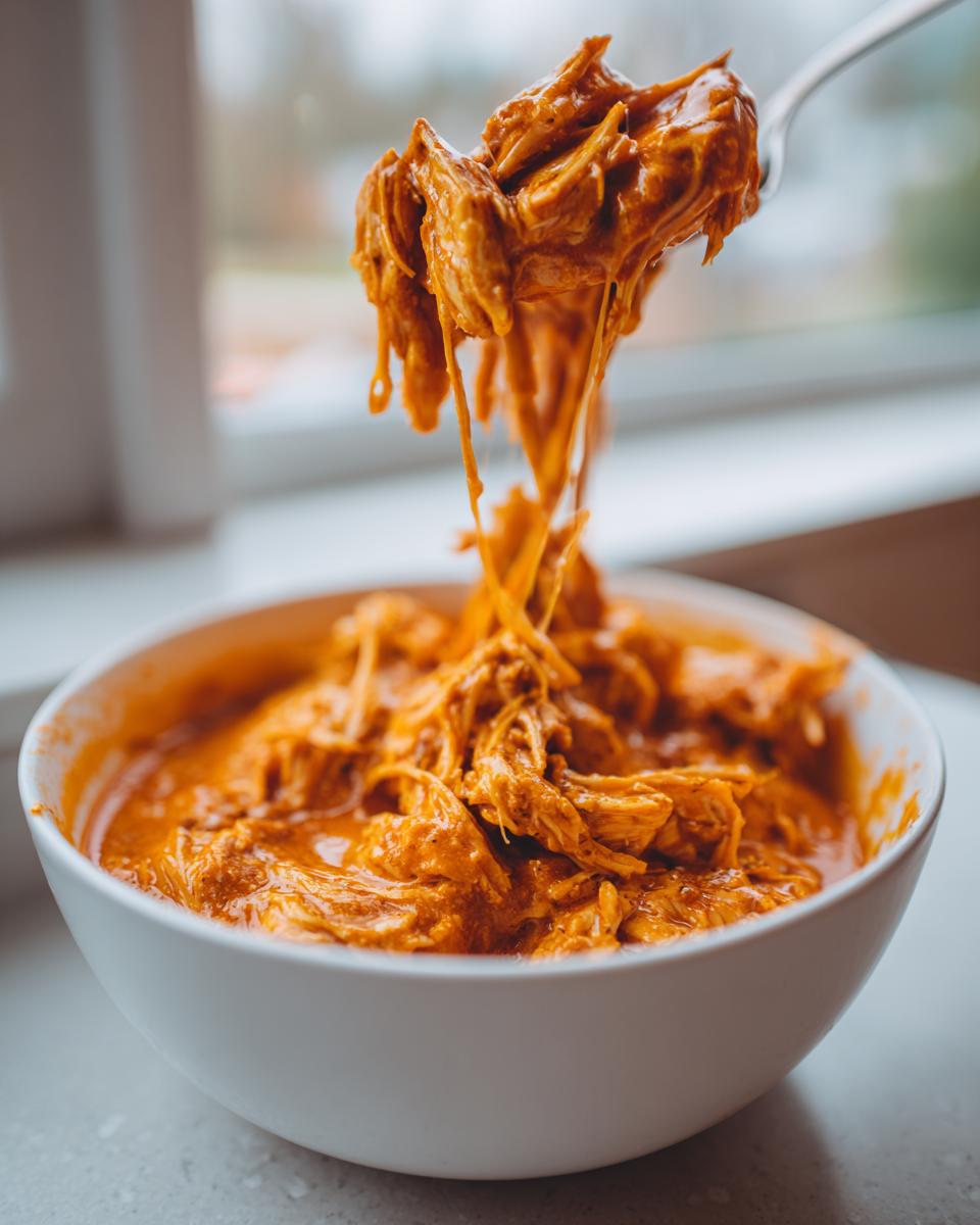 A fork lifts shredded, saucy chicken from a bowl of slow cooker buffalo chicken chili.