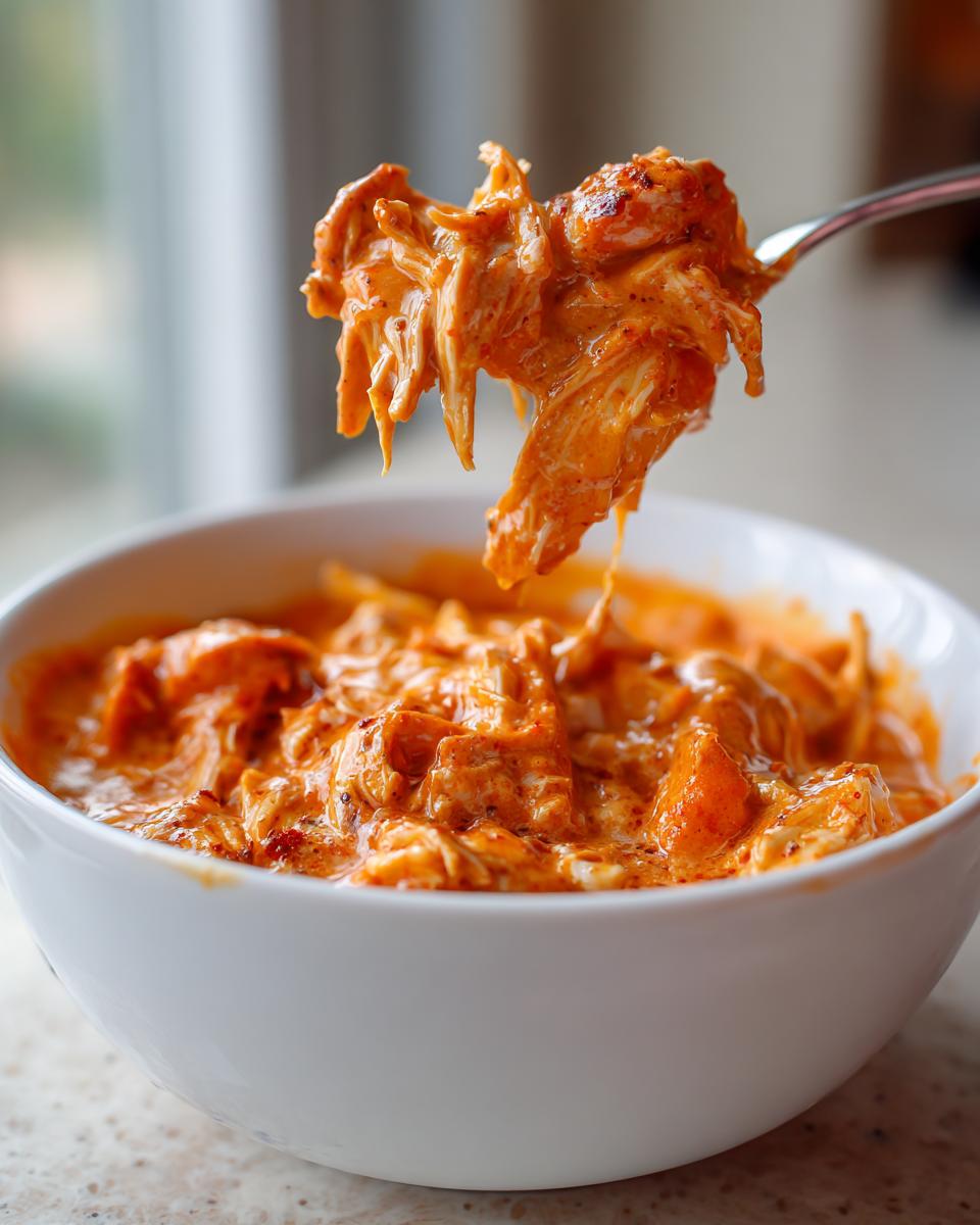 A fork lifts shredded, saucy chicken coated in orange sauce from a bowl of slow cooker buffalo chicken chili.