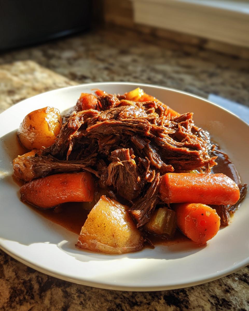 A serving of tender, shredded pot roast surrounded by cooked carrots and potatoes in rich gravy.