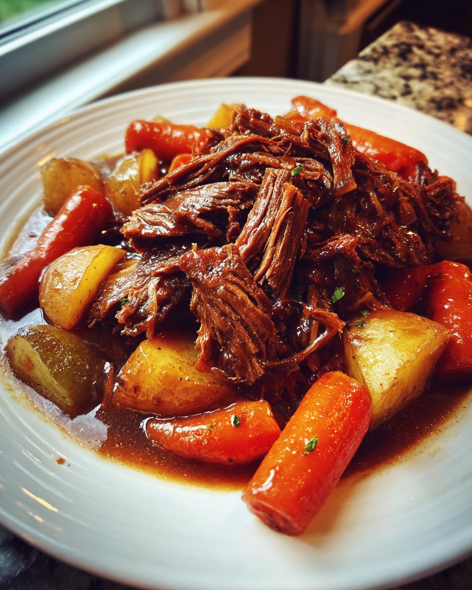 Close-up of tender, shredded pot roast served with chunks of carrots and potatoes in rich gravy.