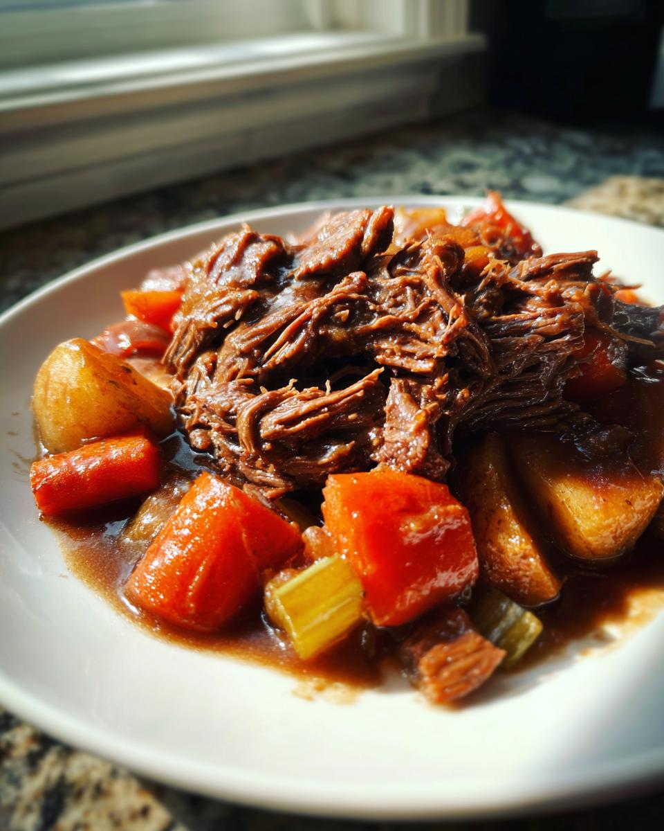A close-up of a plate featuring tender, shredded pot roast served with chunks of carrots, potatoes, and celery in rich gravy.