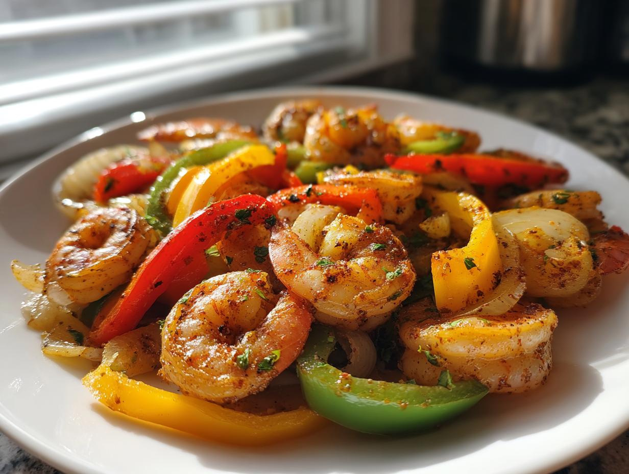 Close-up of seasoned shrimp fajitas mixed with colorful bell peppers and onions on a white plate.