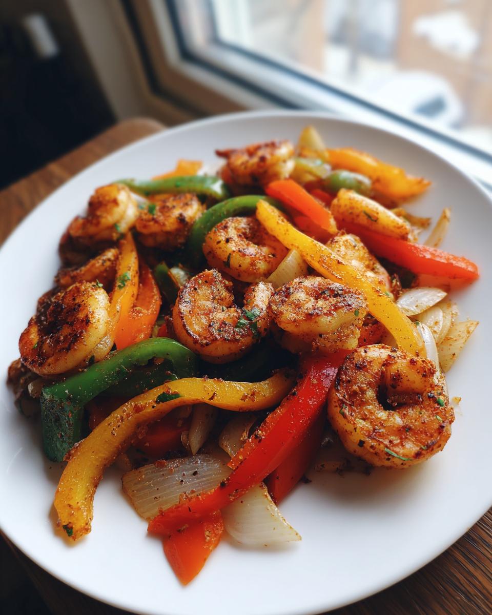 A close-up of seasoned shrimp fajitas featuring colorful bell peppers and onions served on a white plate.