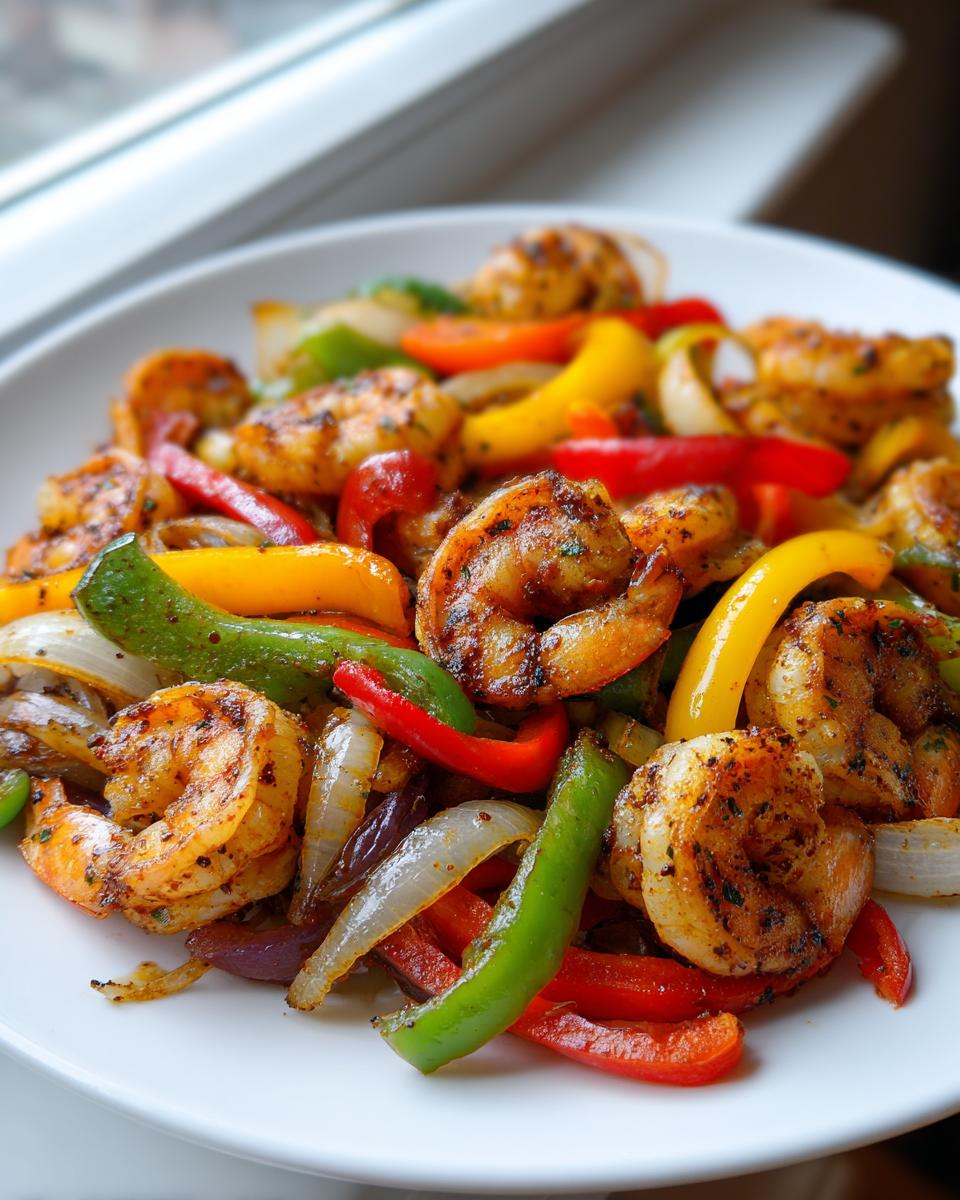 Close-up of perfectly seasoned shrimp fajitas mixed with colorful bell peppers and onions on a white plate.