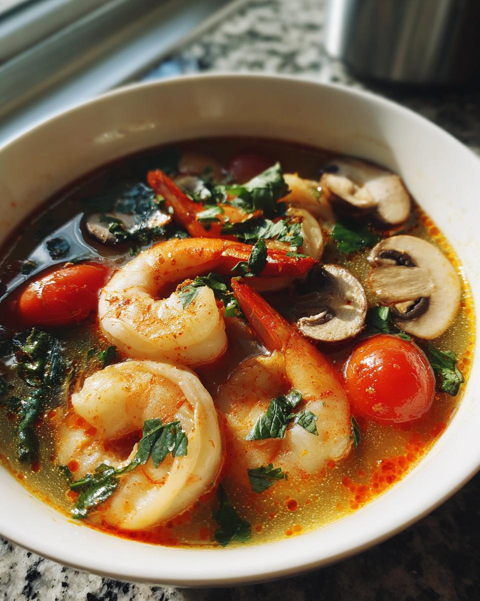 A close-up bowl of vibrant Tom Yum soup featuring large shrimp, sliced mushrooms, cherry tomatoes, and fresh herbs.