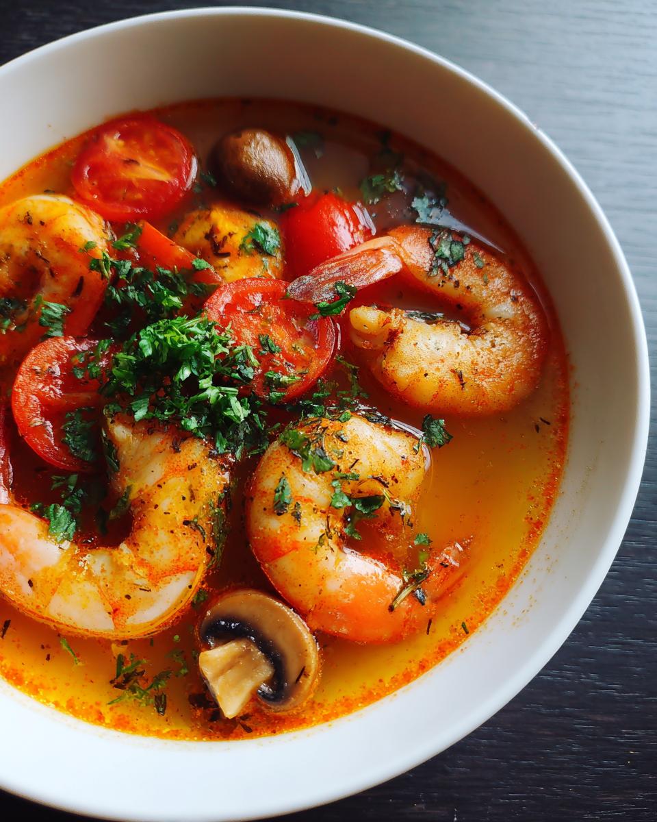 Close-up of large, seasoned shrimp, cherry tomatoes, and mushrooms in a bowl of vibrant orange Tom Yum soup.