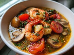 A close-up, vibrant shot of shrimp tom yum soup featuring large shrimp, sliced mushrooms, and cherry tomatoes in a rich broth.