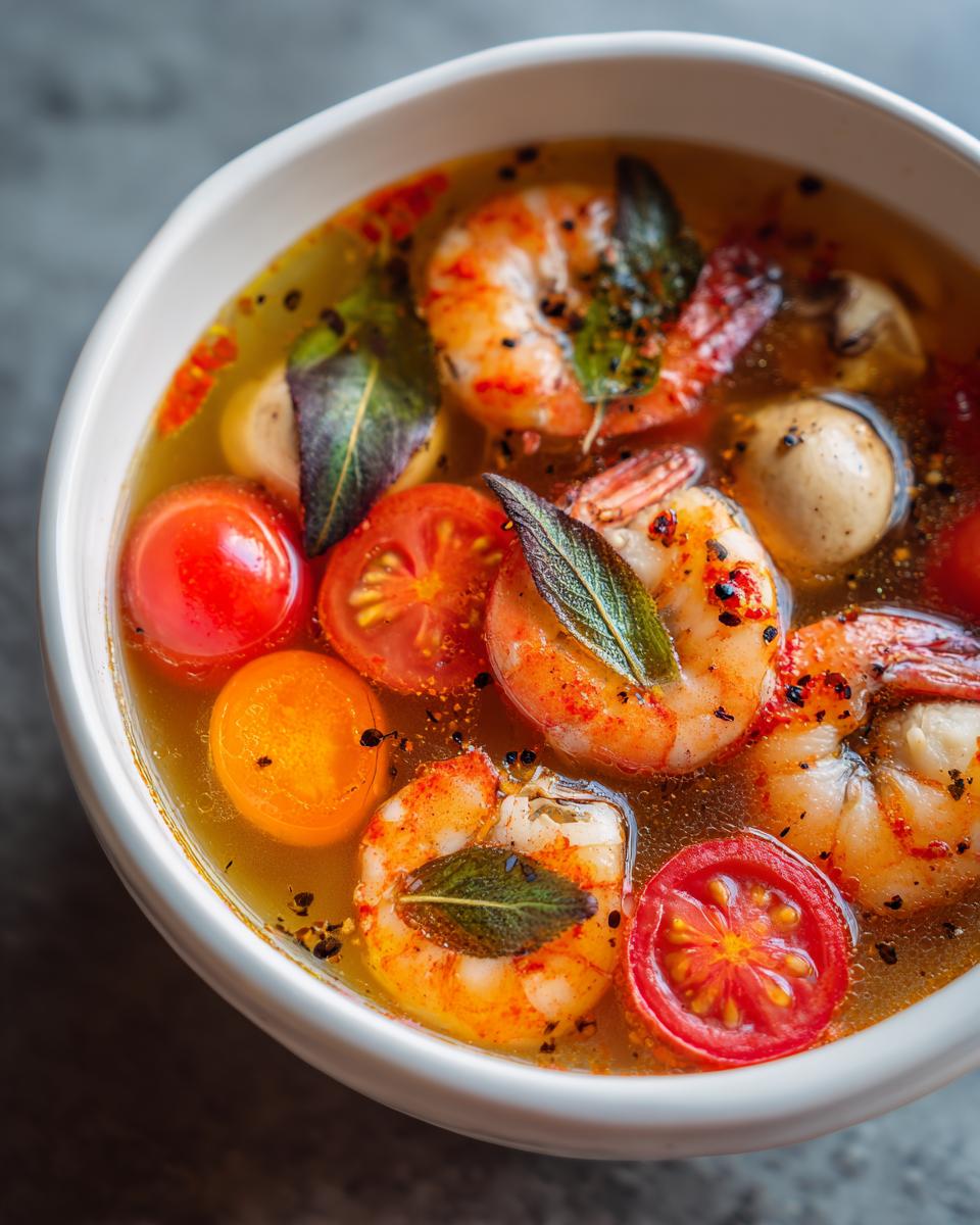 Close-up overhead shot of a white bowl filled with vibrant Tom Yum soup featuring plump shrimp, sliced cherry tomatoes, and herbs.