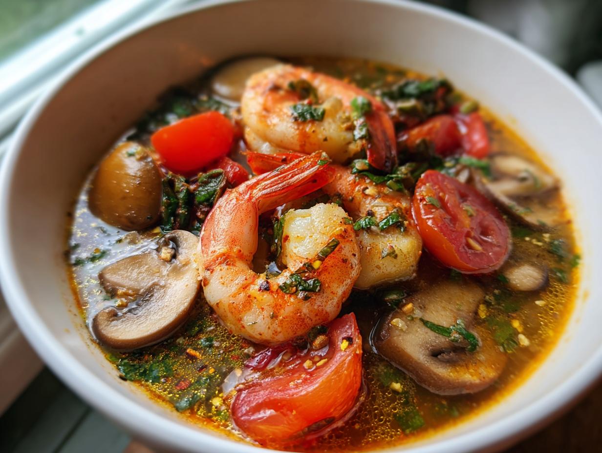 A close-up, vibrant shot of shrimp tom yum soup featuring large shrimp, sliced mushrooms, and cherry tomatoes in a rich broth.