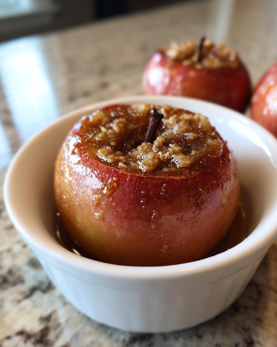 Close-up of a single, glistening baked apple topped with brown sugar and nuts, served in a small white bowl.