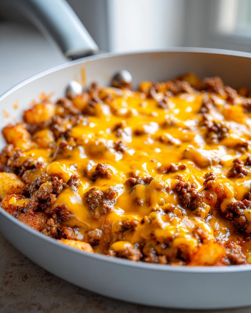 Close-up of Cheesy Taco Potatoes cooked in a skillet, topped with melted cheddar cheese and seasoned ground beef.