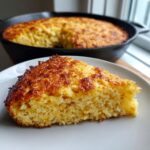 A close-up slice of golden skillet cornbread with a dark, crispy top resting on a white plate.