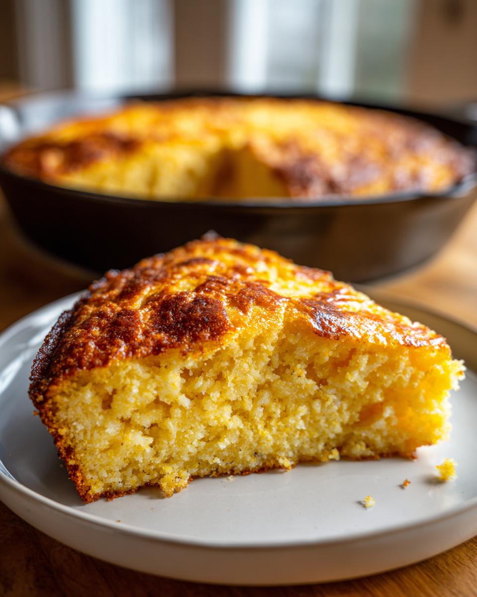 A close-up of a moist, golden slice of skillet cornbread served on a light gray plate, with the rest of the cornbread in the cast iron skillet blurred in the background.