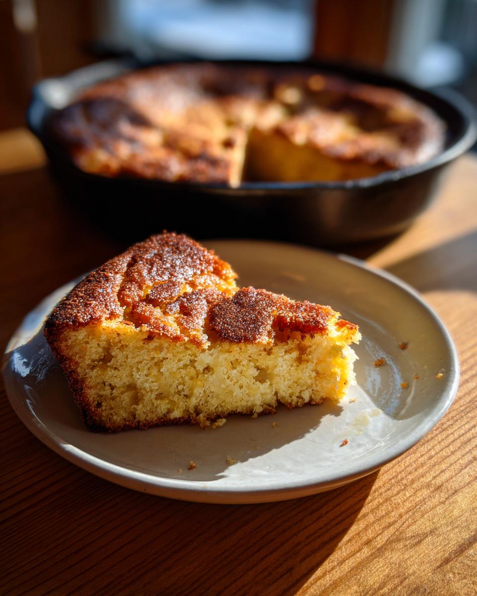 A golden slice of skillet cornbread served on a small plate, with the rest of the cornbread visible in the cast iron skillet behind it.