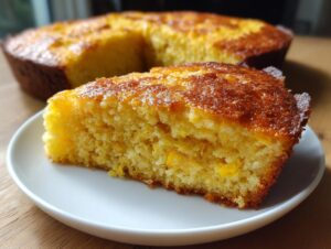 A close-up of a moist slice of skillet cornbread resting on a white plate, with the rest of the golden-brown cornbread visible in the background.
