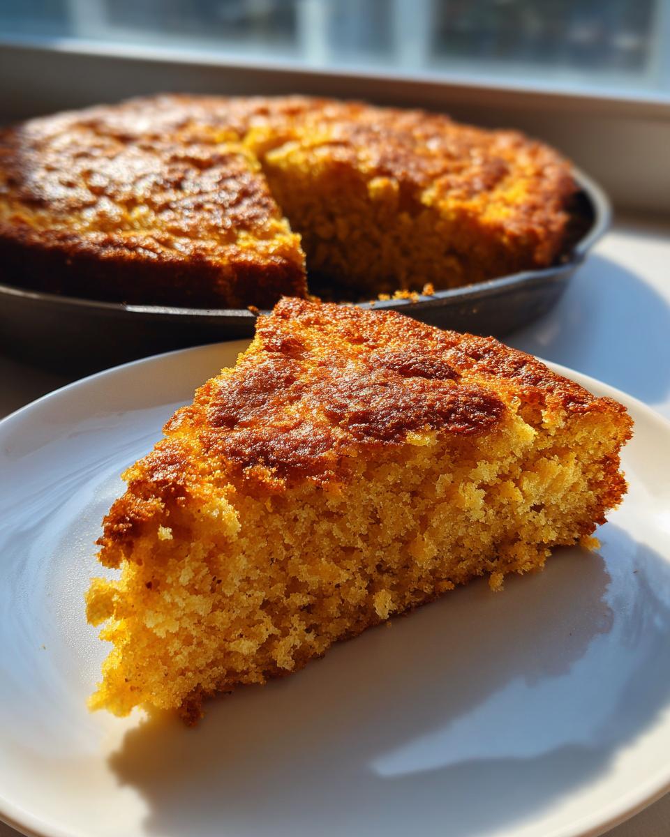 A close-up slice of golden, perfectly baked skillet cornbread resting on a white plate, with the rest of the cornbread visible in the cast iron skillet.