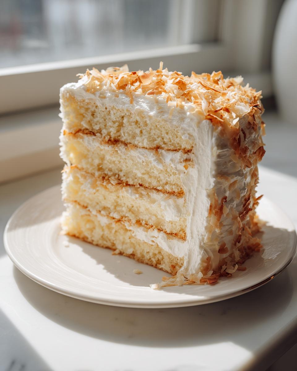 A tall slice of three-layer coconut cake with white frosting and toasted coconut flakes.