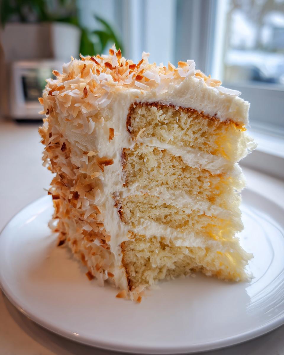 Close-up of a moist slice of 3 layer coconut cake covered in white frosting and toasted coconut flakes.