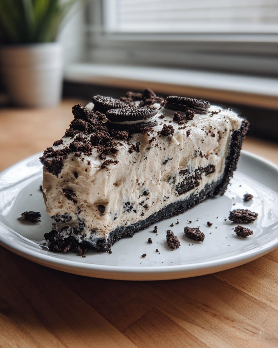 A decadent slice of no-bake oreo pie with a dark crust and creamy filling, topped with cookie crumbles.