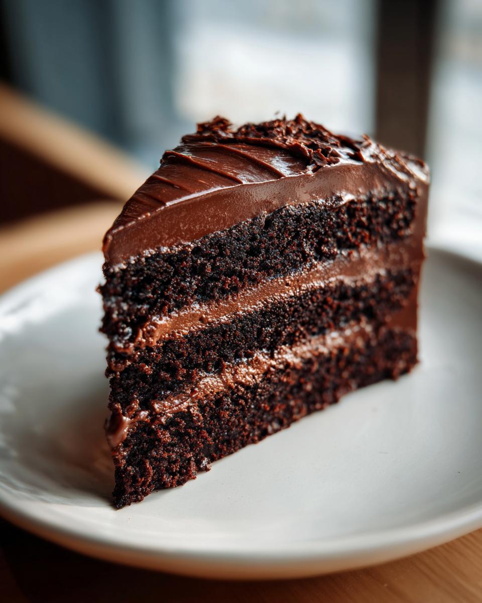 A tall, moist slice of chocolate fudge cake with three layers of dark cake and rich frosting.