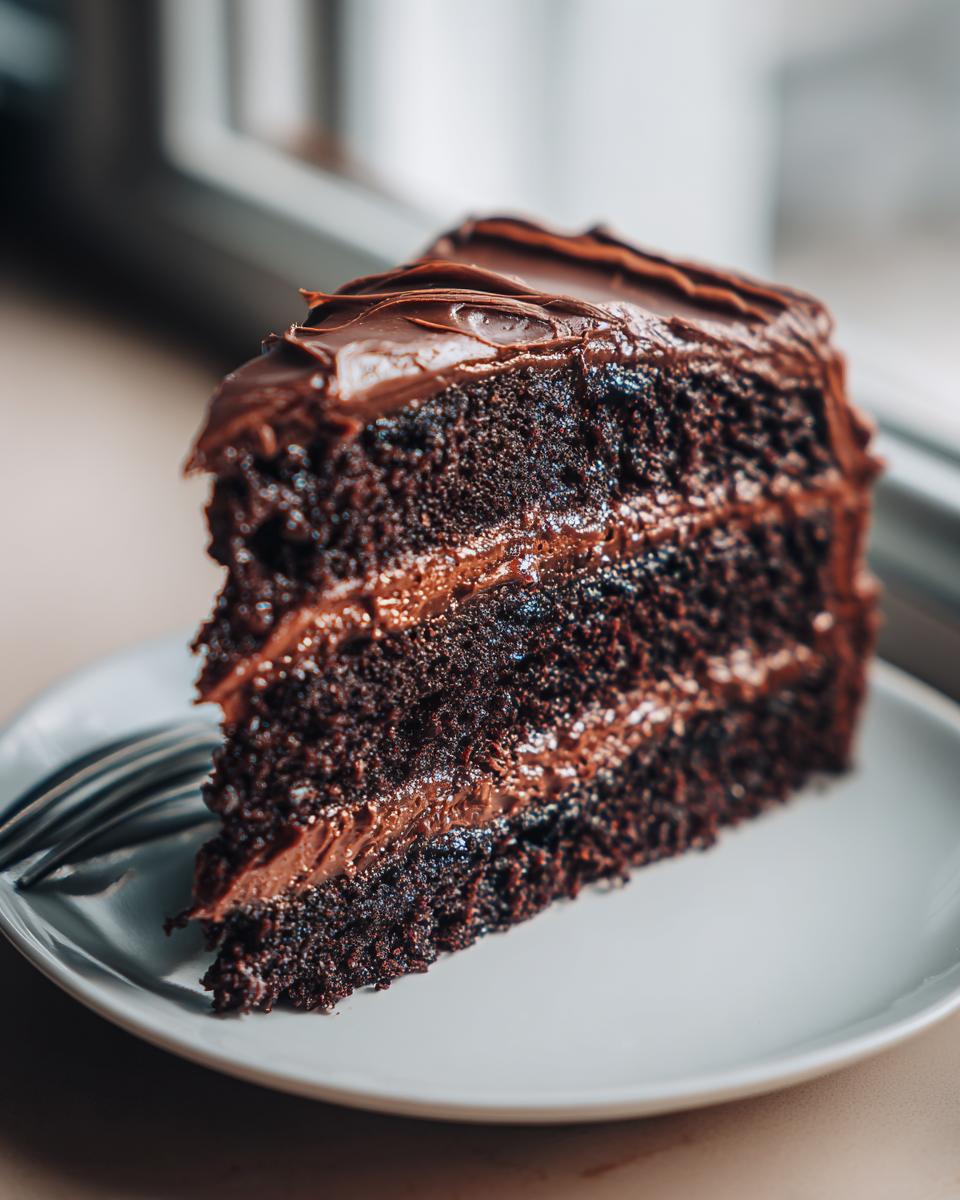 A decadent slice of moist chocolate fudge cake with thick layers of dark chocolate frosting.