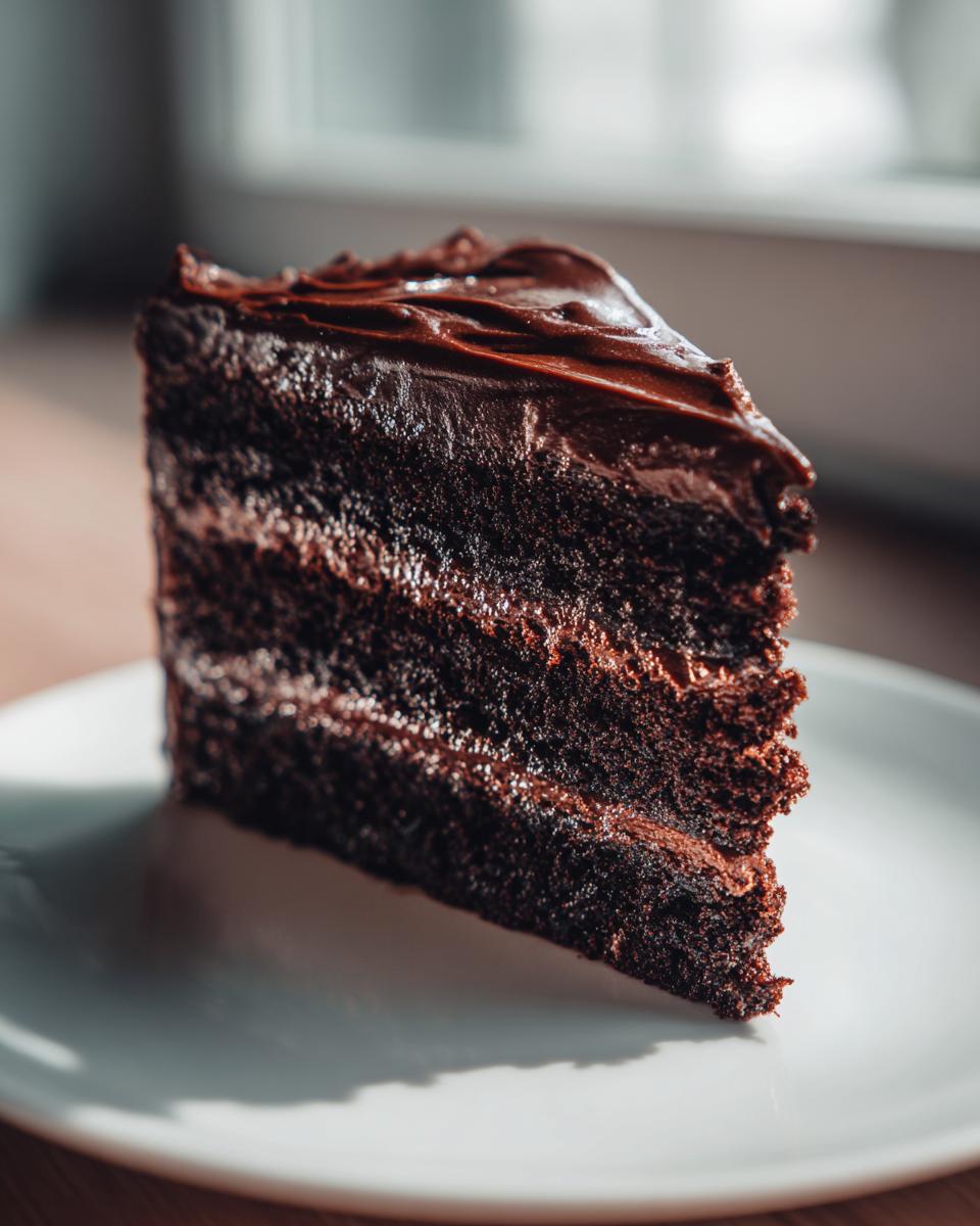 A tall, moist slice of dark chocolate fudge cake layered with rich chocolate frosting, sitting on a white plate.