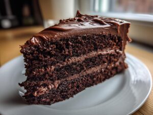 A decadent slice of moist chocolate fudge cake with thick layers of dark chocolate frosting.