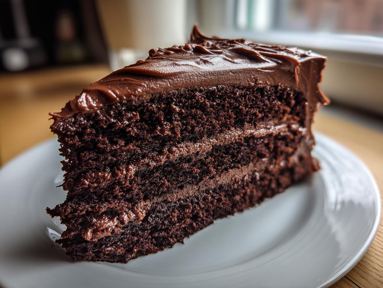A decadent slice of moist chocolate fudge cake with thick layers of dark chocolate frosting.