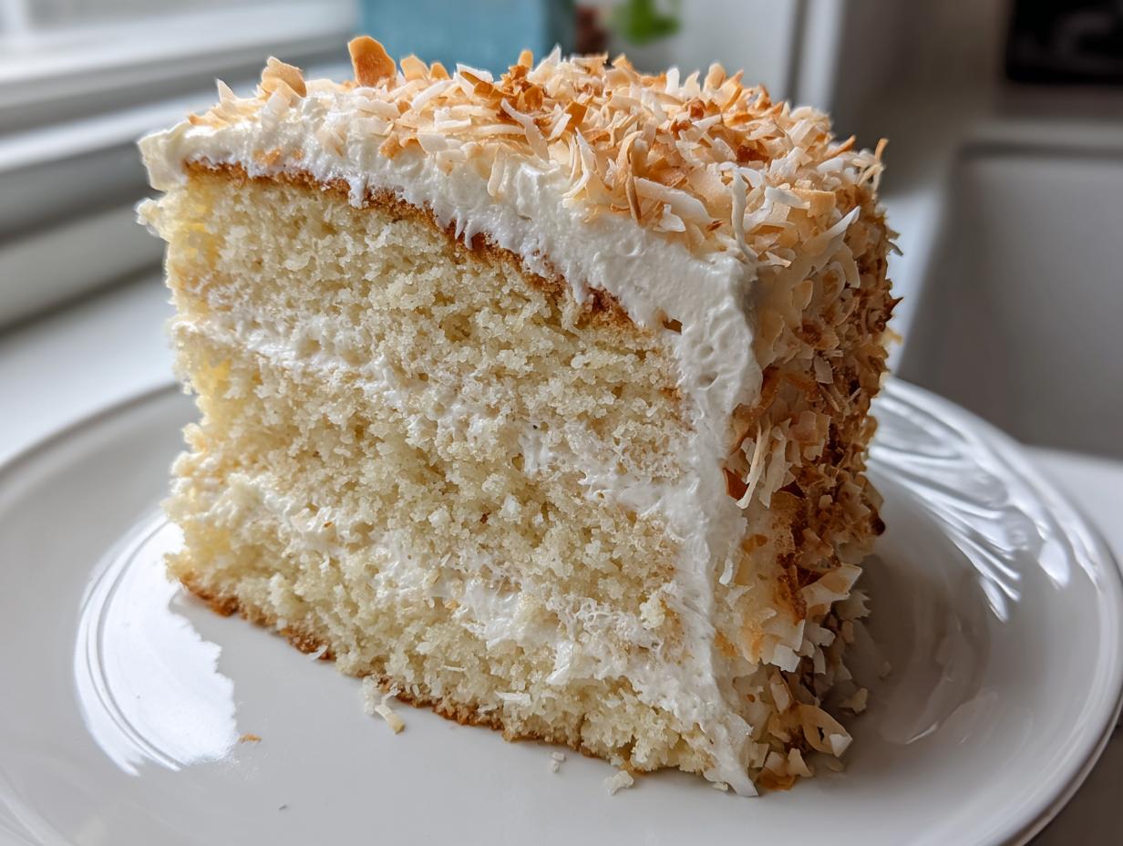 A generous slice of moist, layered coconut cake topped with white frosting and toasted coconut flakes.