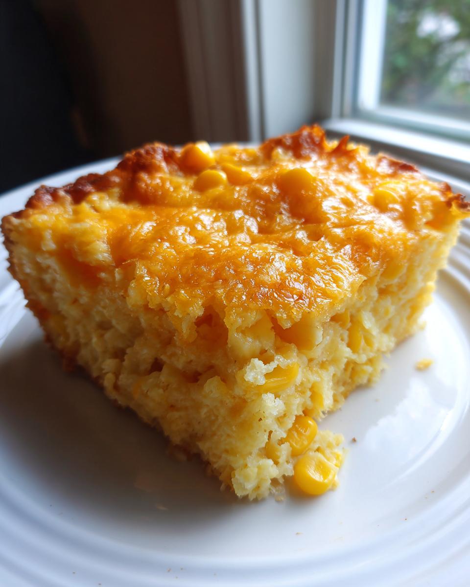 A square slice of moist cream cheese corn casserole topped with melted, golden cheese.