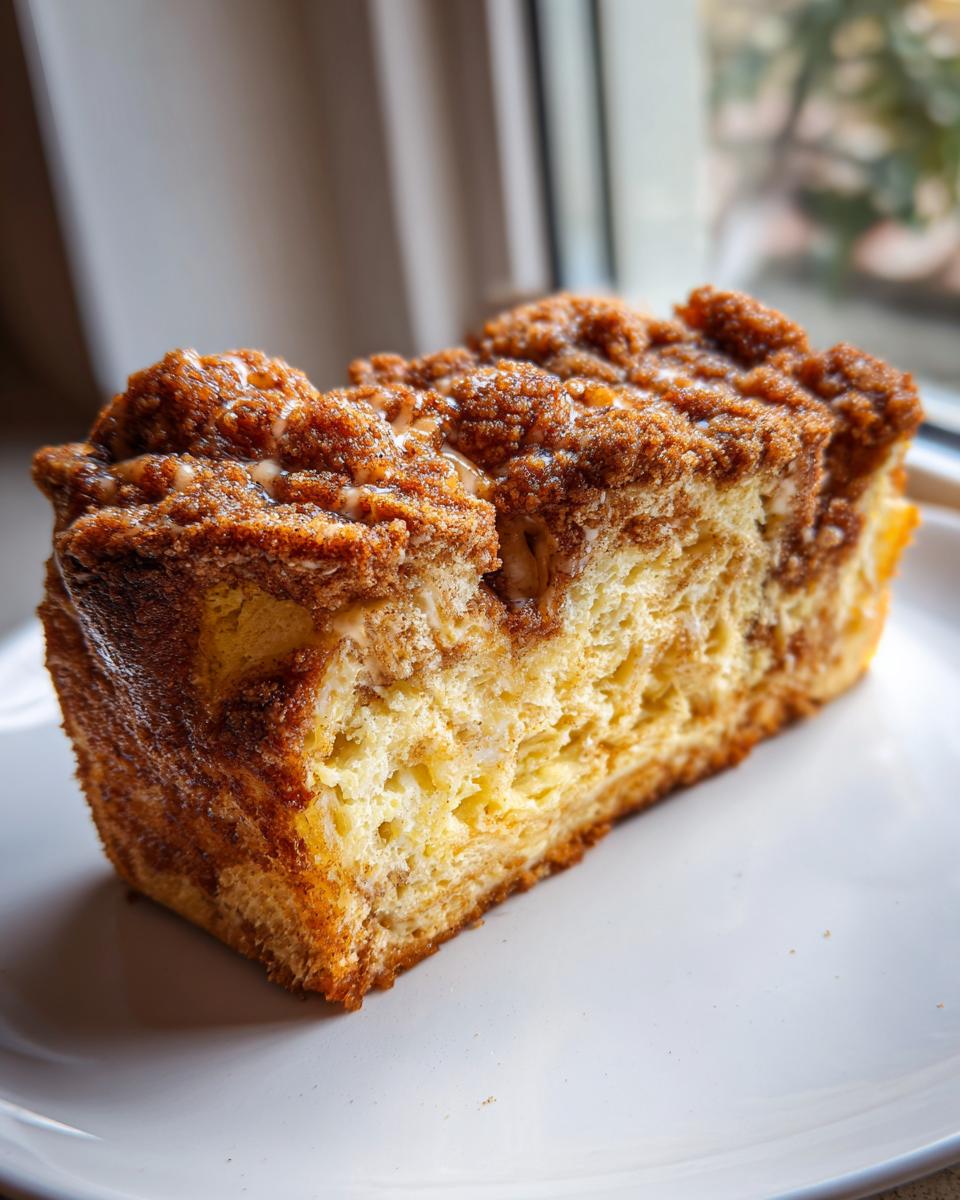 Close-up of a thick slice of amazing french toast casserole topped with cinnamon streusel and glaze.