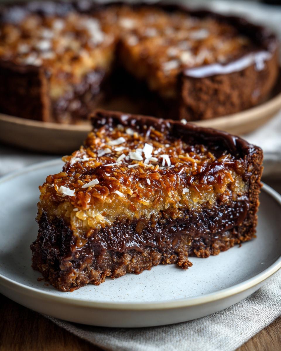 A decadent slice of german chocolate pie showing rich chocolate base and gooey coconut pecan topping.