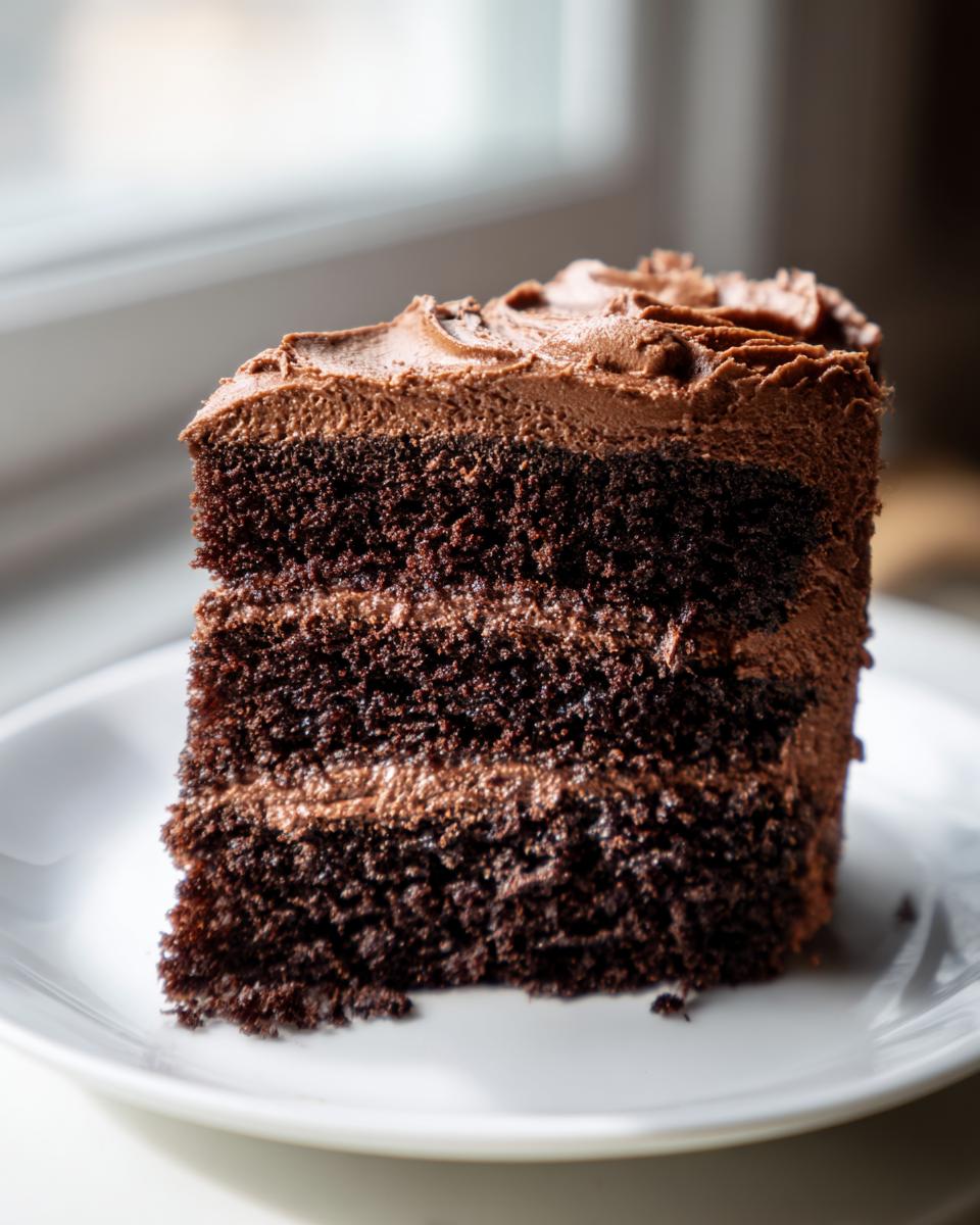 A tall slice of homemade chocolate cake with three layers of dark, moist cake and rich chocolate frosting.