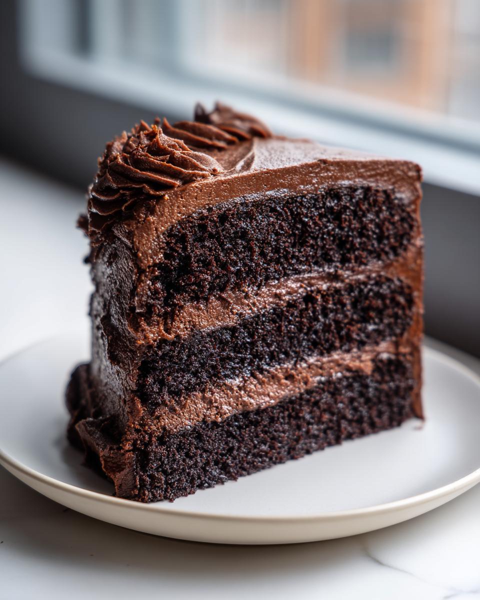 A decadent slice of homemade chocolate cake with three dark layers and thick chocolate frosting.