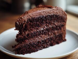 Close-up of a rich, dark slice of homemade chocolate cake layered with thick chocolate frosting on a white plate.
