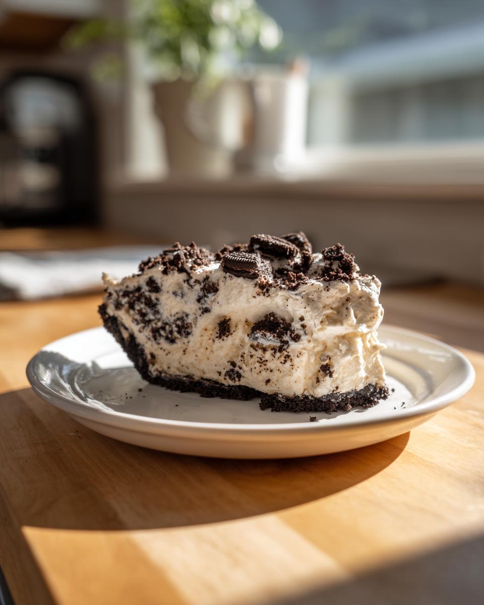 A generous slice of creamy Oreo pie with a dark chocolate crust, topped with cookie crumbles, sitting on a white plate.