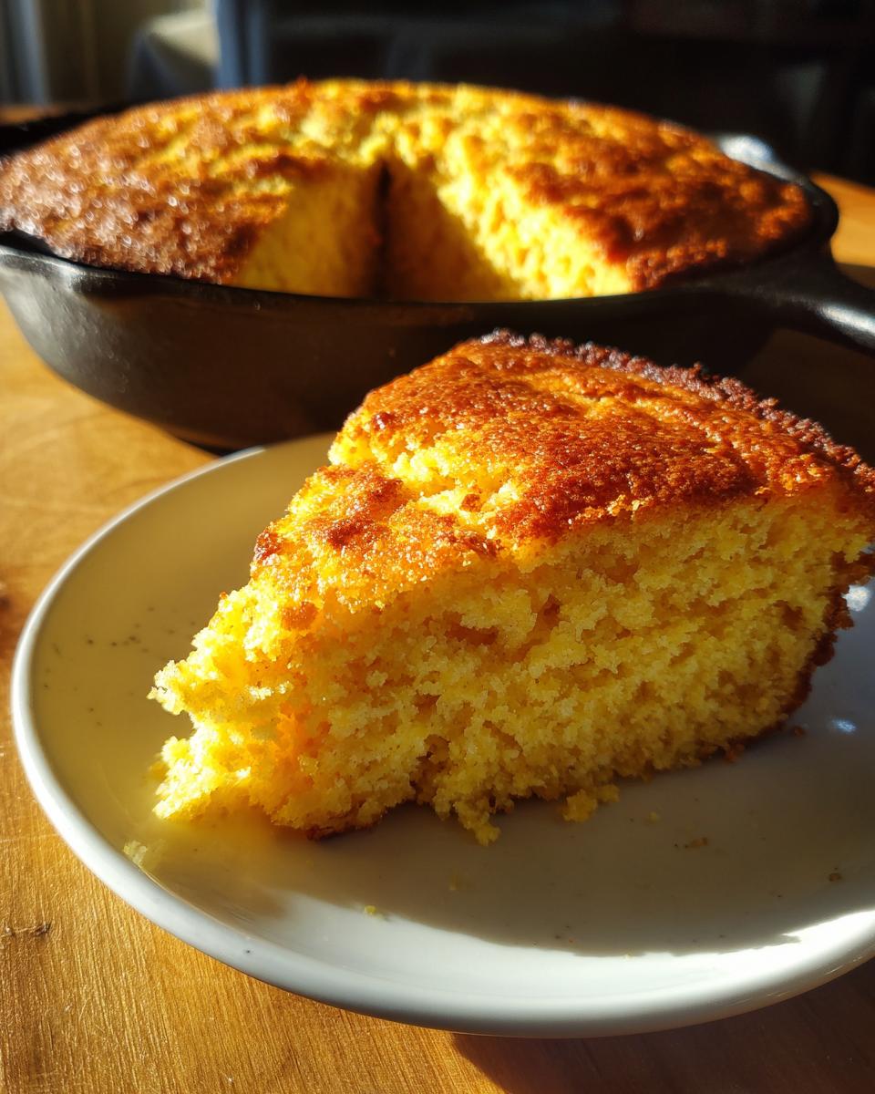 A warm, golden slice of skillet cornbread resting on a white plate with the rest of the cornbread in the cast iron skillet blurred in the background.