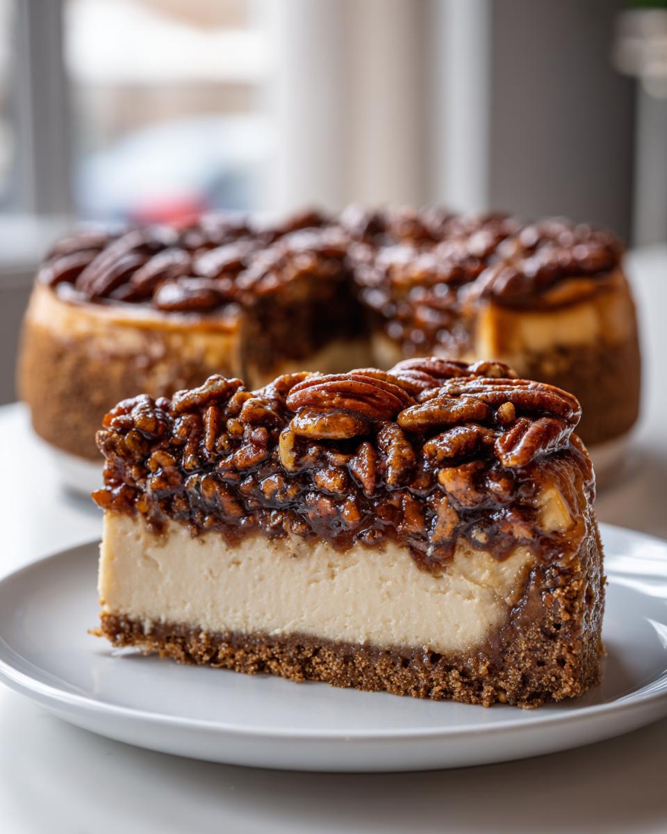 A close-up slice of pecan pie cheesecake showing a graham cracker crust, creamy filling, and thick pecan topping.