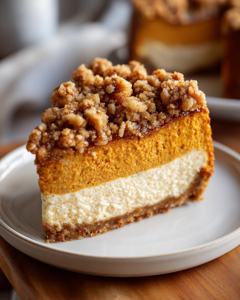 Close-up of a layered slice of pumpkin crunch dessert featuring a graham cracker crust, cream cheese layer, pumpkin layer, and streusel topping.