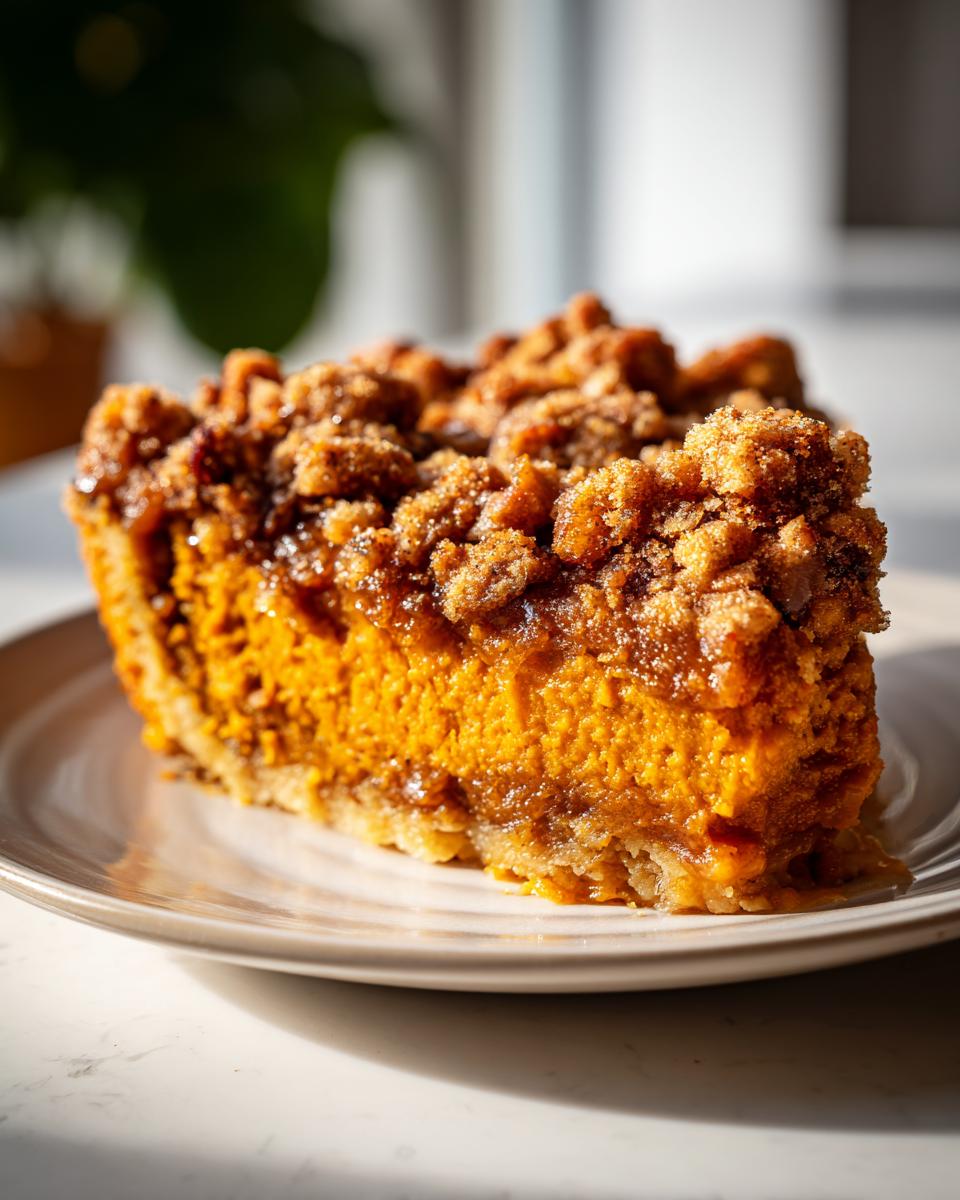 A close-up of a rich slice of pumpkin pecan cobbler with a thick, sugary crumb topping.