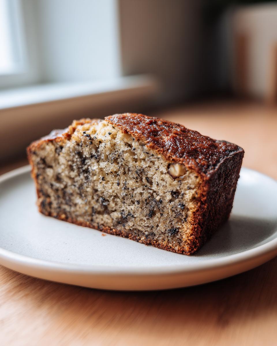 Close-up of a slice of moist sugar free banana bread with dark specks (likely from ripe bananas) on a light plate.